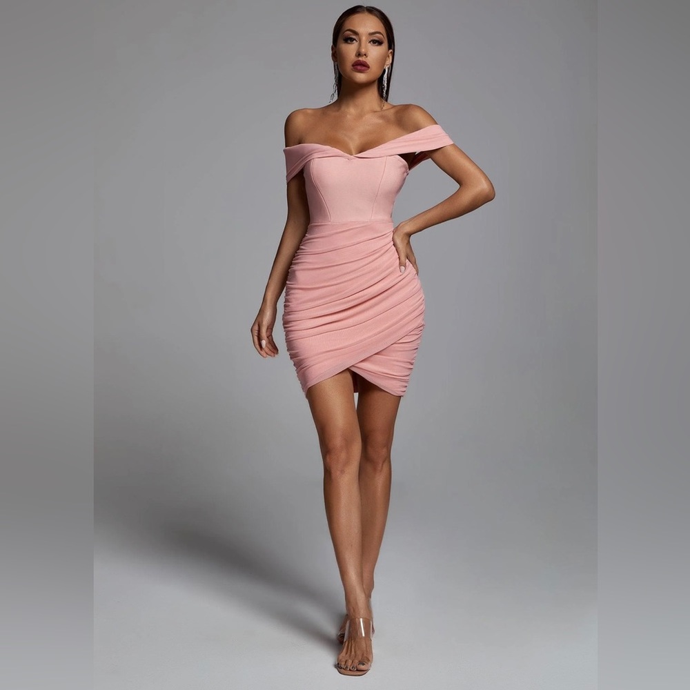 Bellabarnett nude pink off shoulder bandage/organza mini dress